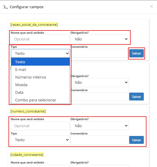 Janela com menu de tipos de dados aberto, destacando as opções para configurar campos personalizados no template HTML.
