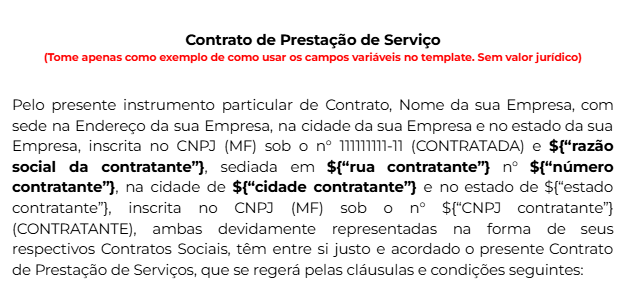Modelo de contrato de prestação de serviço estruturado como um documento com campos variáveis.