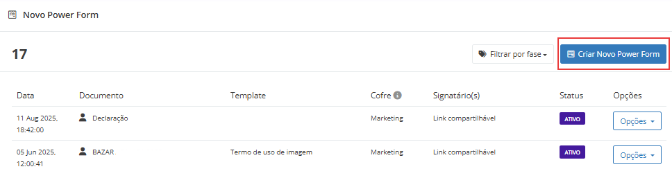Cofre da plataforma com lista de documentos e o botão "Criar Novo Power Form" destacado em vermelho.