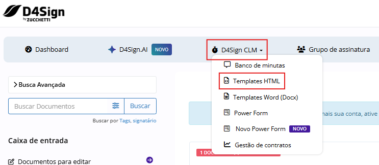 Menu do D4Sign CLM aberto na plataforma, com a opção Templates HTML destacada por um retângulo vermelho.