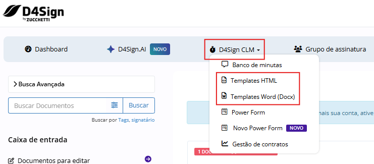 Menu do D4Sign CLM aberto com as opções Templates HTML e Word destacados por dois retângulos vermelhos.