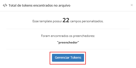 Modal com a contagem de campos personalizados, permitindo acessar a configuração dos tokens por tipo de dado.