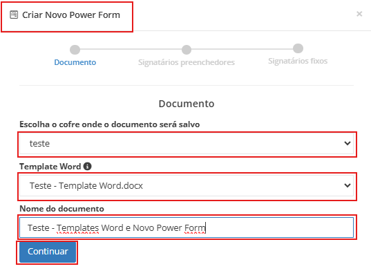 Tela de configuração para criar um Novo Power Form, exibindo a escolha do cofre e do template Word.