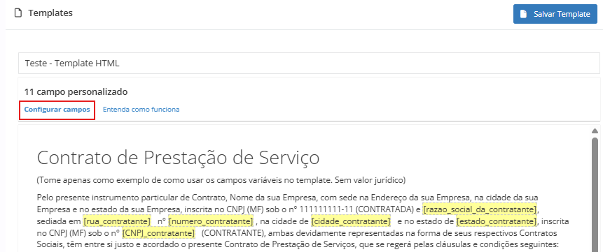 Interface de template HTML com destaque em vermelho para a opção de “Configurar campos” no documento.