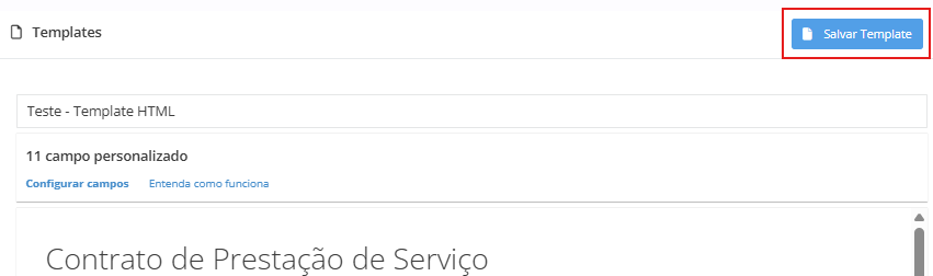 Interface de edição com contrato em exibição e o botão para salvar template destacado por um retângulo vermelho.