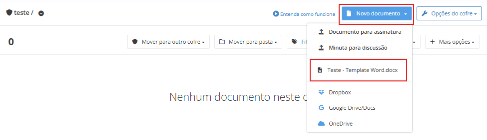 Menu suspenso do botão "Novo documento" aberto, destacando os templates no cofre.